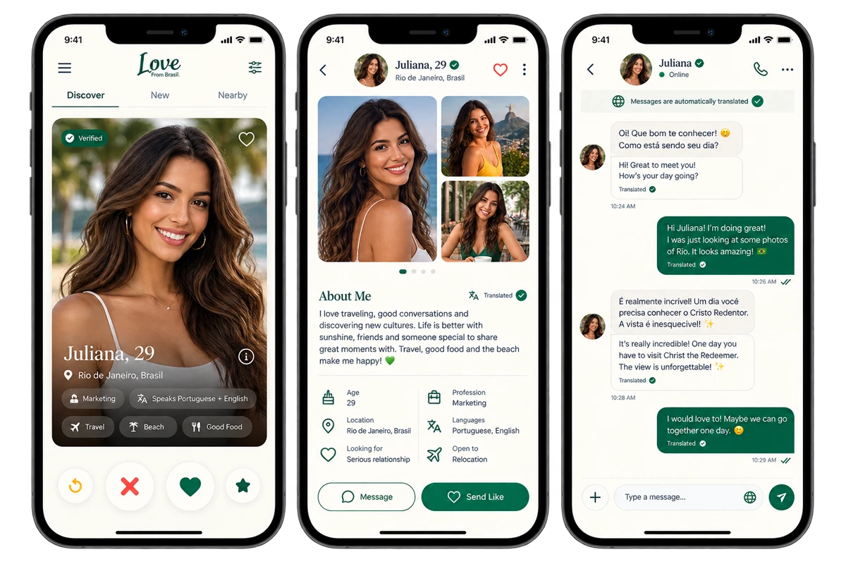 HeartBridge discovery, profile, and automatically translated chat screens